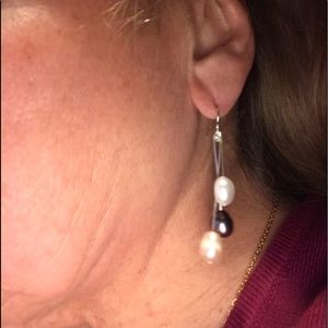 Real PINK Pearl Earrings. White, Black and PINK Pearls. Dangle and Hook 2”.